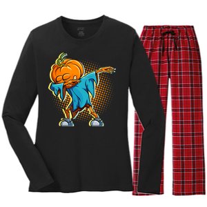 Dabbing Pumpkin Head Cool Funny Halloween Women's Long Sleeve Flannel Pajama Set 