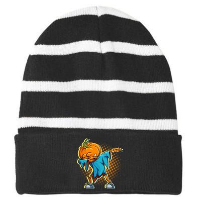 Dabbing Pumpkin Head Cool Funny Halloween Striped Beanie with Solid Band