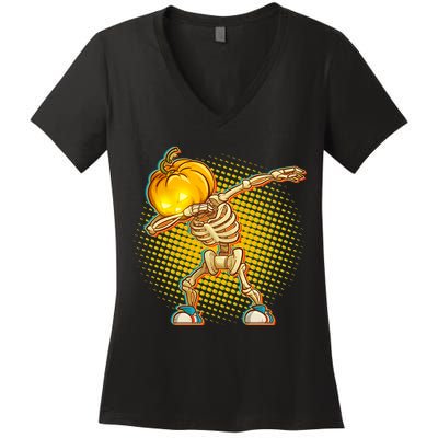 Dabbing Pumpkin Head Skeleton Women's V-Neck T-Shirt