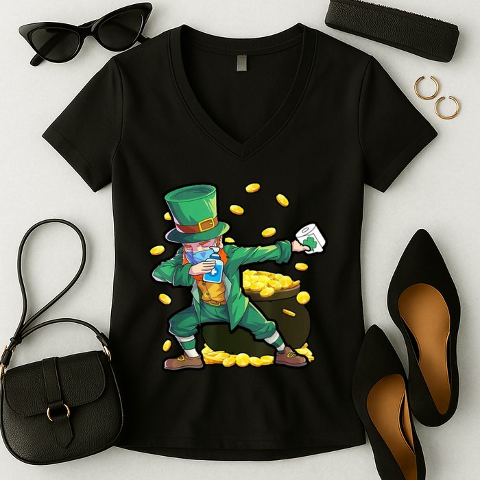 Dabbing Quarantine Leprechaun Women's V-Neck T-Shirt
