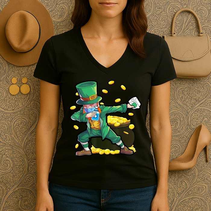 Dabbing Quarantine Leprechaun Women's V-Neck T-Shirt