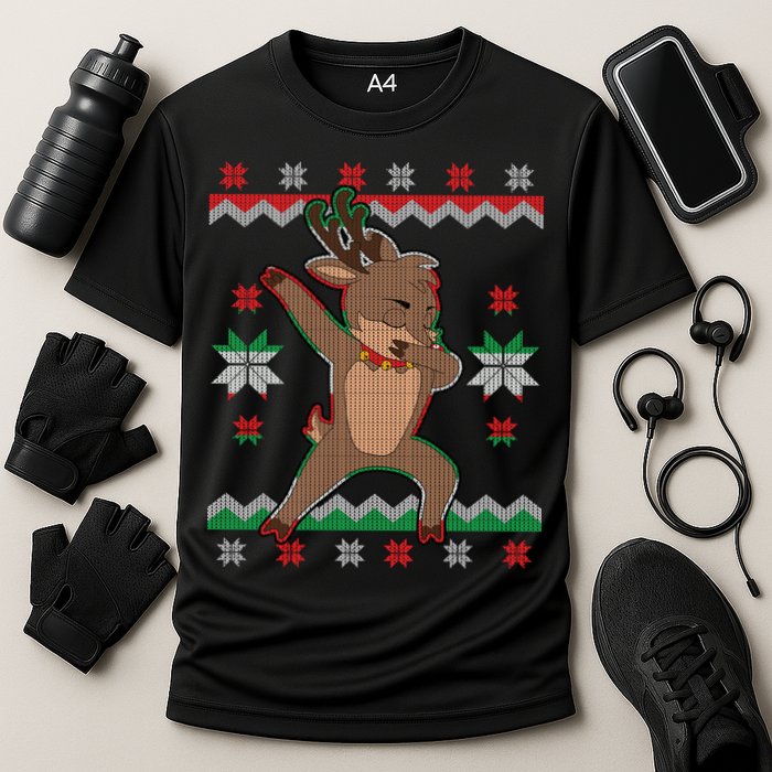 Dabbing Reindeer Ugly Christmas Cooling Performance Crew T-Shirt
