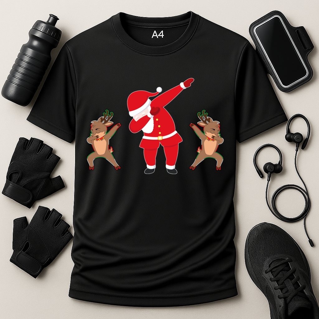 Dabbing Santa And Reindeer Funny Christmas Cooling Performance Crew T-Shirt