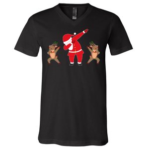 Dabbing Santa And Reindeer Funny Christmas V-Neck T-Shirt