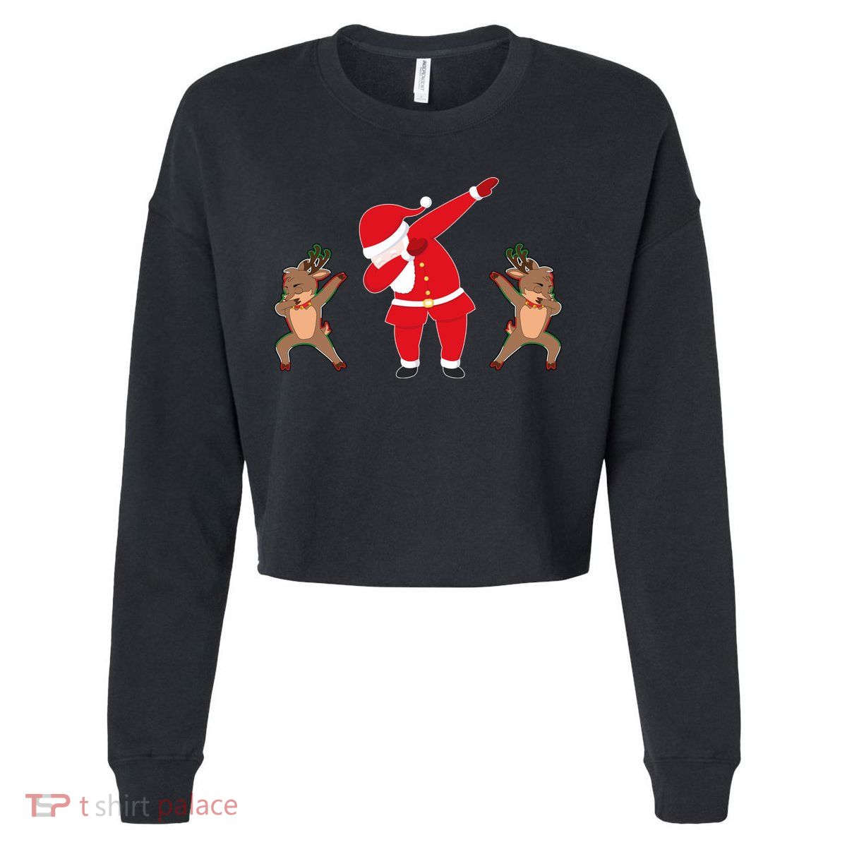 Dabbing Santa And Reindeer Funny Christmas Cropped Pullover Crew