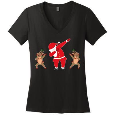 Dabbing Santa And Reindeer Funny Christmas Women's V-Neck T-Shirt