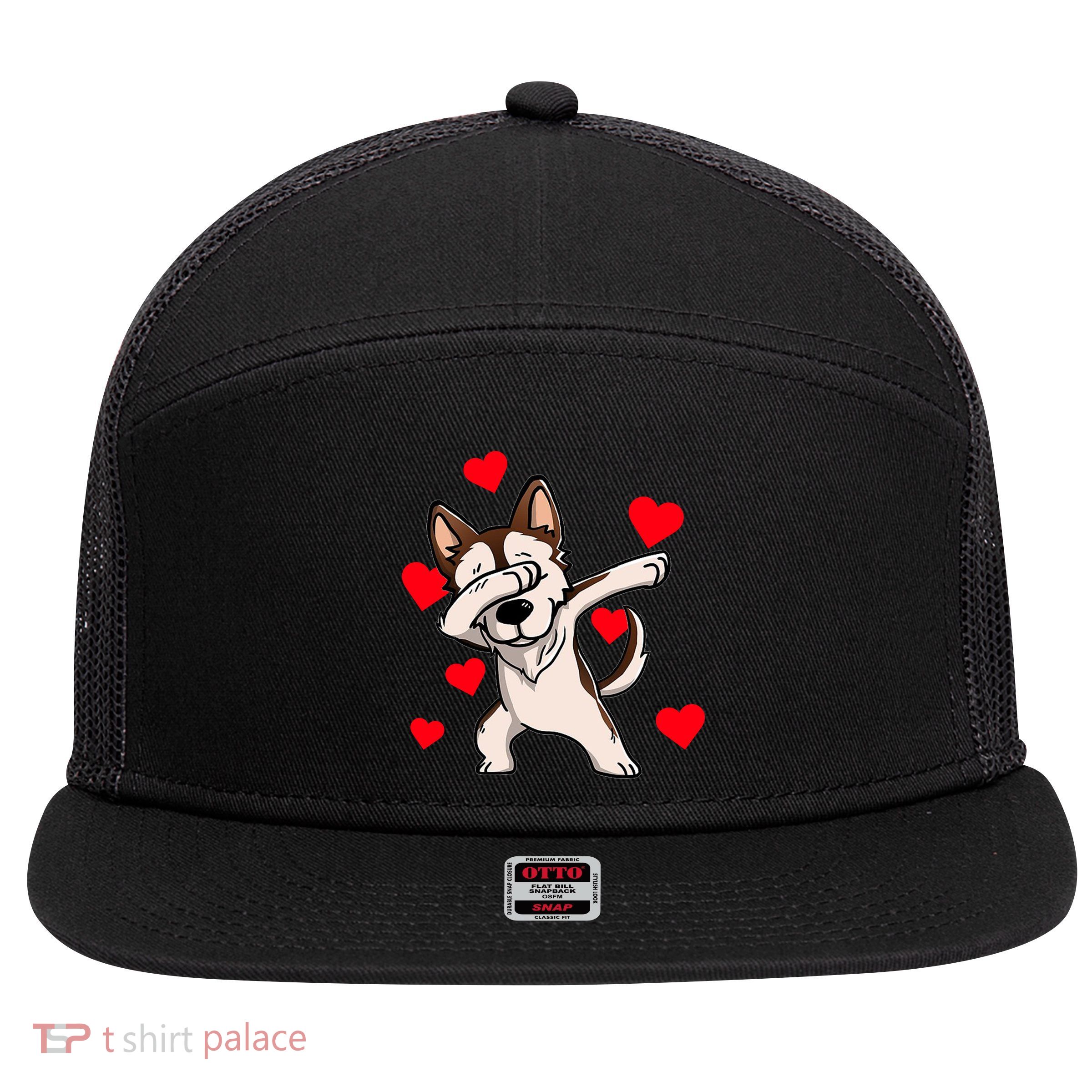 Dabbing Siberian Husky Valentines Day 7 Panel Mesh Trucker Snapback Hat