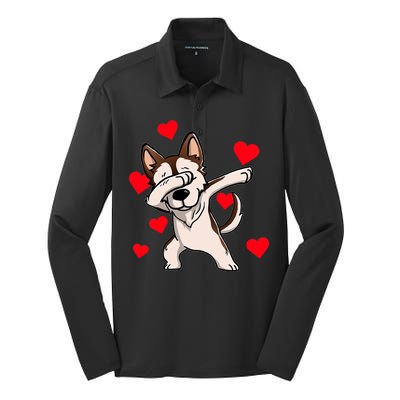 Dabbing Siberian Husky Valentines Day Silk Touch Performance Long Sleeve Polo