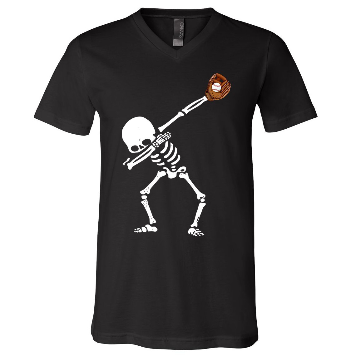 Dabbing Skeleton Baseball Glove Catch Dab V-Neck T-Shirt