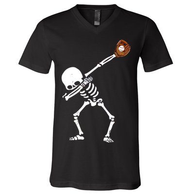 Dabbing Skeleton Baseball Glove Catch Dab V-Neck T-Shirt