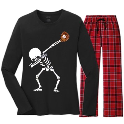 Dabbing Skeleton Baseball Glove Catch Dab Women's Long Sleeve Flannel Pajama Set 