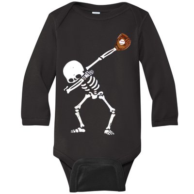 Dabbing Skeleton Baseball Glove Catch Dab Baby Long Sleeve Bodysuit