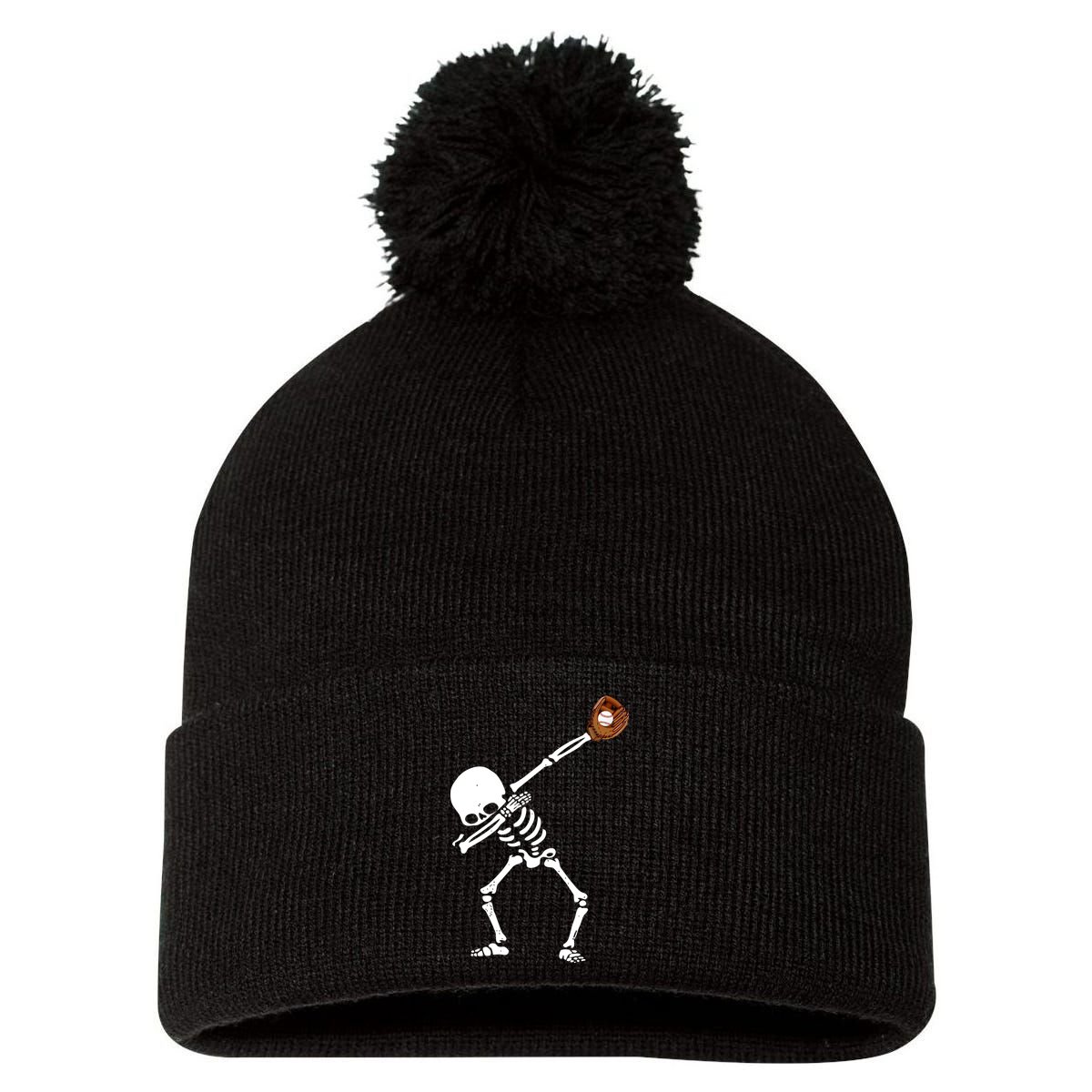 Dabbing Skeleton Baseball Glove Catch Dab Pom Pom 12in Knit Beanie