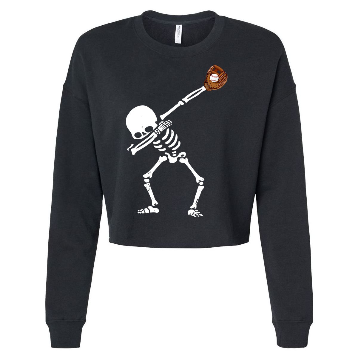 Dabbing Skeleton Baseball Glove Catch Dab Cropped Pullover Crew