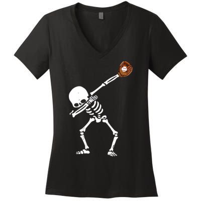 Dabbing Skeleton Baseball Glove Catch Dab Women's V-Neck T-Shirt