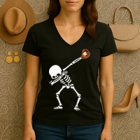 Dabbing Skeleton Baseball Glove Catch Dab Women's V-Neck T-Shirt