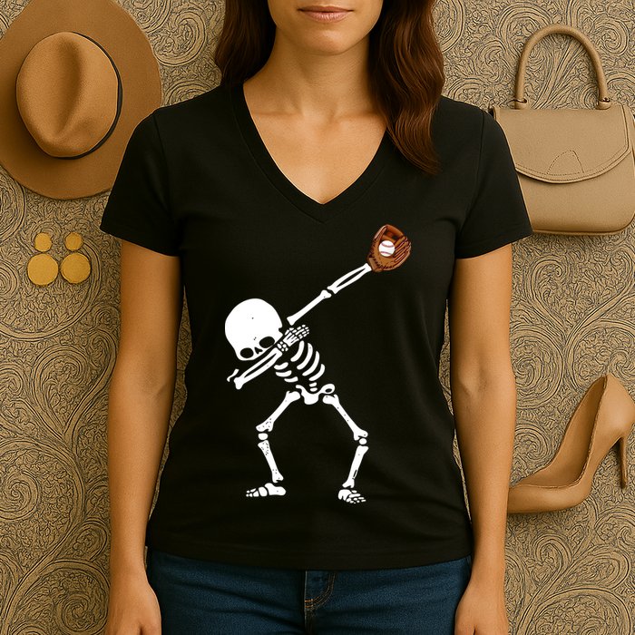 Dabbing Skeleton Baseball Glove Catch Dab Women's V-Neck T-Shirt