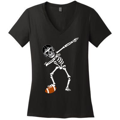 Dabbing Skeleton Football Dab Touchdown TD Women's V-Neck T-Shirt