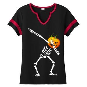 Dabbing Skeleton Pumpkin Face Halloween Ladies Halftime Notch Neck Tee