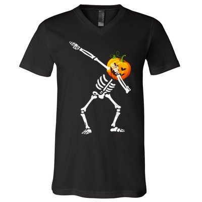 Dabbing Skeleton Pumpkin Face Halloween V-Neck T-Shirt