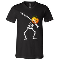 Dabbing Skeleton Pumpkin Face Halloween V-Neck T-Shirt
