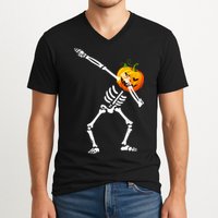 Dabbing Skeleton Pumpkin Face Halloween V-Neck T-Shirt
