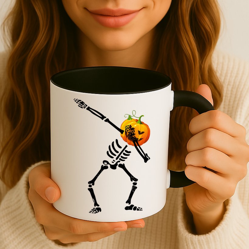 Dabbing Skeleton Pumpkin Face Halloween Mug