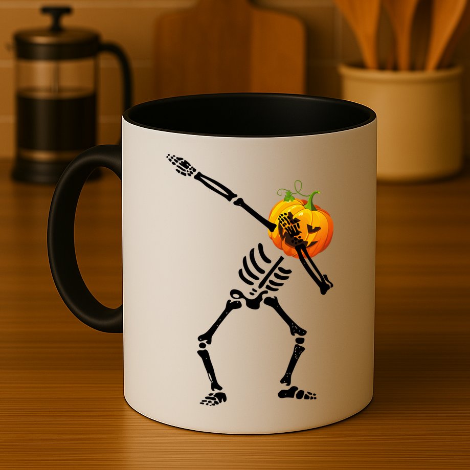 Dabbing Skeleton Pumpkin Face Halloween Mug