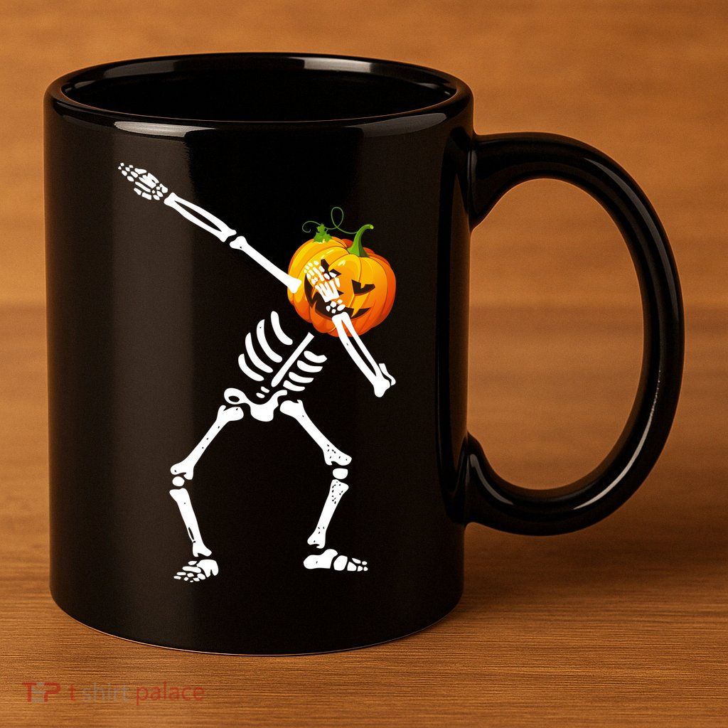 Dabbing Skeleton Pumpkin Face Halloween 11oz C Handle Ceramic Mug