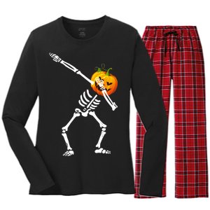 Dabbing Skeleton Pumpkin Face Halloween Women's Long Sleeve Flannel Pajama Set 