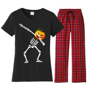 Dabbing Skeleton Pumpkin Face Halloween Women's Flannel Pajama Set