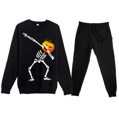 Dabbing Skeleton Pumpkin Face Halloween Premium Crewneck Sweatsuit Set