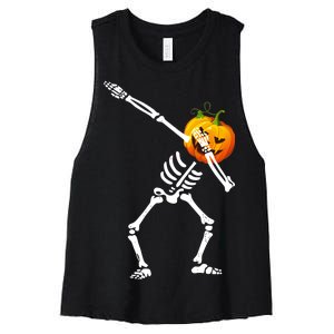 Dabbing Skeleton Pumpkin Face Halloween Women's Racerback Cropped Tank