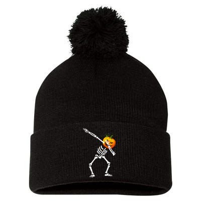 Dabbing Skeleton Pumpkin Face Halloween Pom Pom 12in Knit Beanie