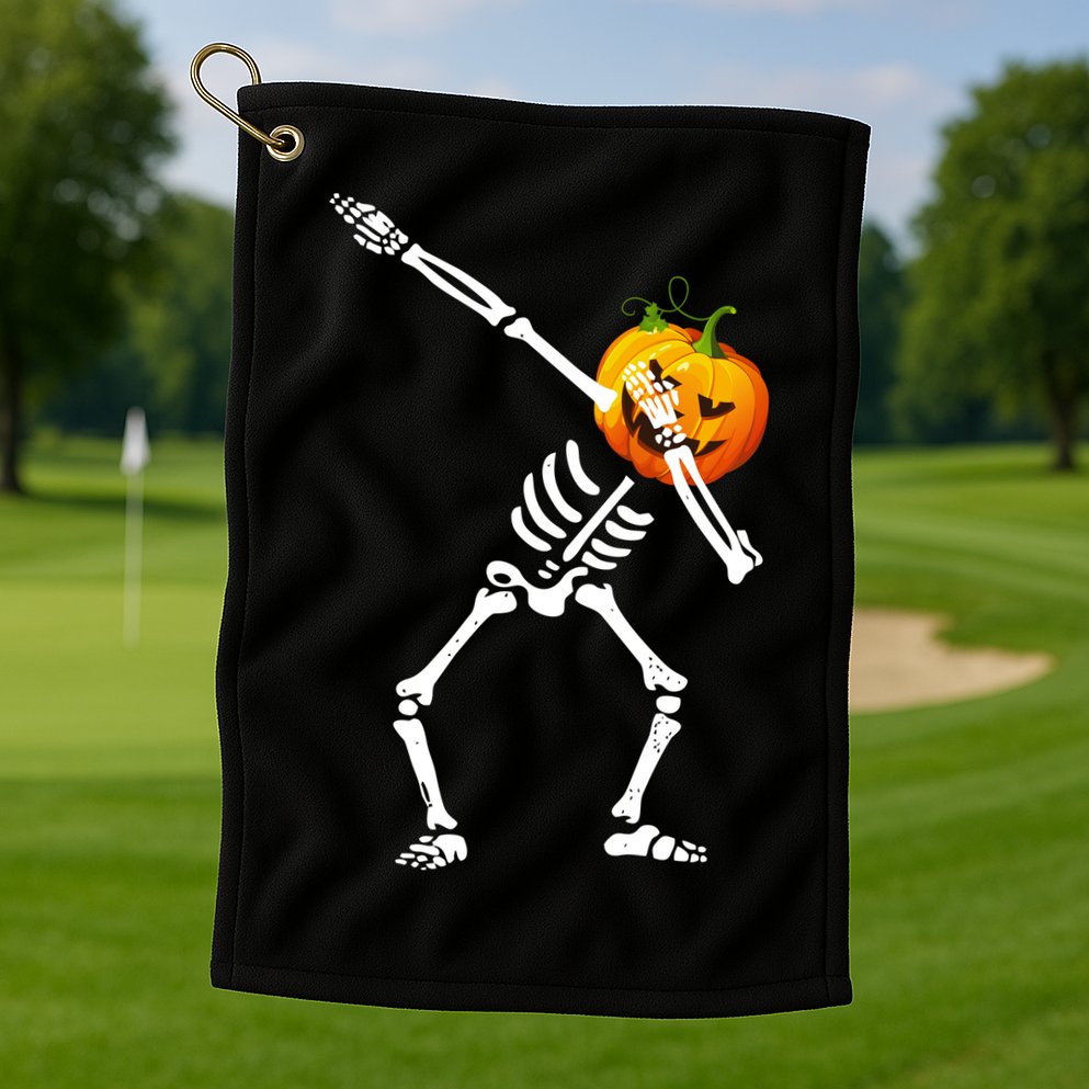 Dabbing Skeleton Pumpkin Face Halloween Golf Towel