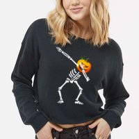 Dabbing Skeleton Pumpkin Face Halloween Cropped Pullover Crew