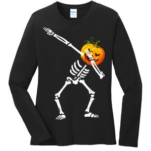 Dabbing Skeleton Pumpkin Face Halloween Ladies Long Sleeve Shirt