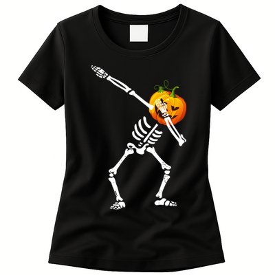 Dabbing Skeleton Pumpkin Face Halloween Womens T-Shirt