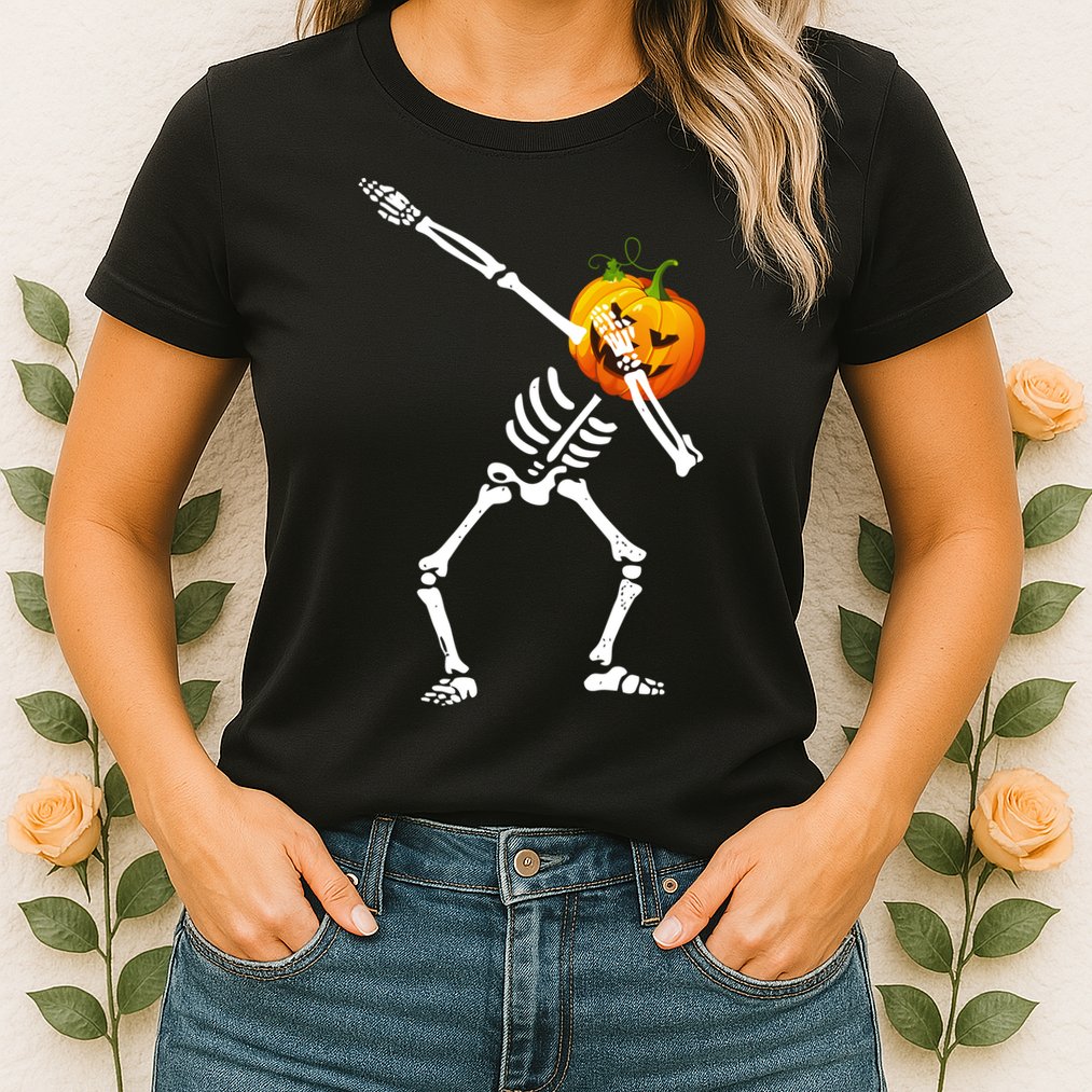 Dabbing Skeleton Pumpkin Face Halloween Womens T-Shirt