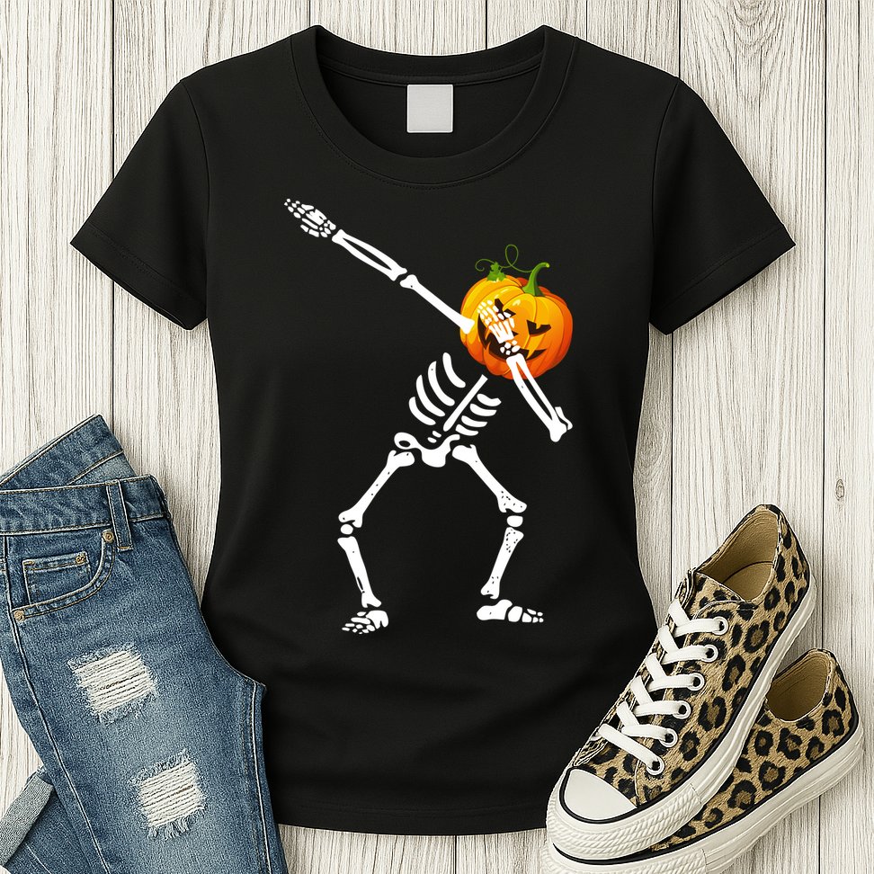 Dabbing Skeleton Pumpkin Face Halloween Womens T-Shirt