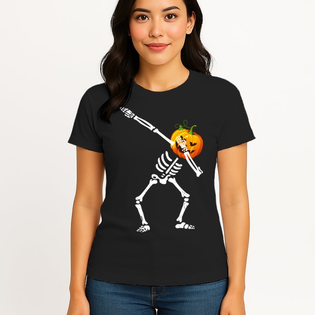 Dabbing Skeleton Pumpkin Face Halloween Womens T-Shirt