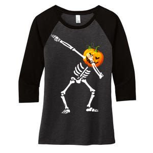 Dabbing Skeleton Pumpkin Face Halloween Women's Tri-Blend 3/4-Sleeve Raglan Shirt