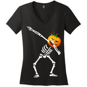 Dabbing Skeleton Pumpkin Face Halloween Women's V-Neck T-Shirt