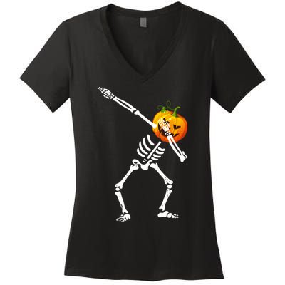 Dabbing Skeleton Pumpkin Face Halloween Women's V-Neck T-Shirt
