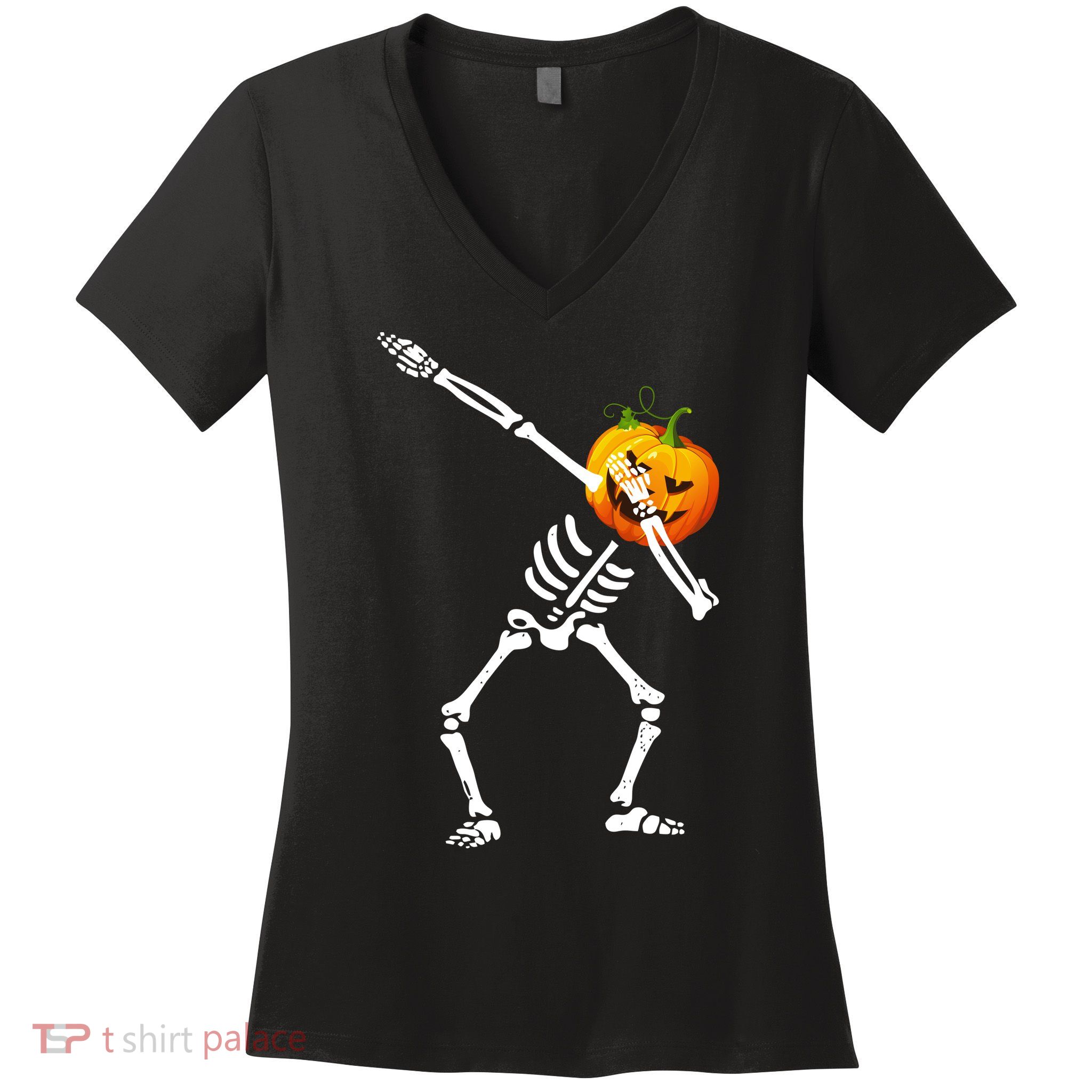 Dabbing Skeleton Pumpkin Face Halloween Women's V-Neck T-Shirt