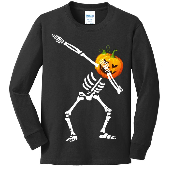 Dabbing Skeleton Pumpkin Face Halloween Kids Long Sleeve Shirt