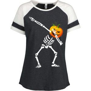 Dabbing Skeleton Pumpkin Face Halloween Enza Ladies Jersey Colorblock Tee