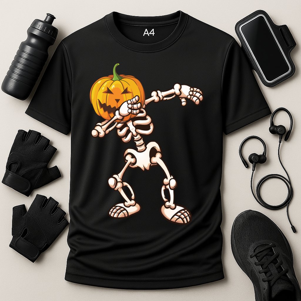Dabbing Skeleton Pumpkin Head  Cooling Performance Crew T-Shirt