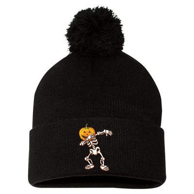 Dabbing Skeleton Pumpkin Head  Pom Pom 12in Knit Beanie