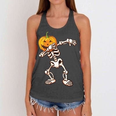 Dabbing Skeleton Pumpkin Head  Women's Knotted Racerback Tank